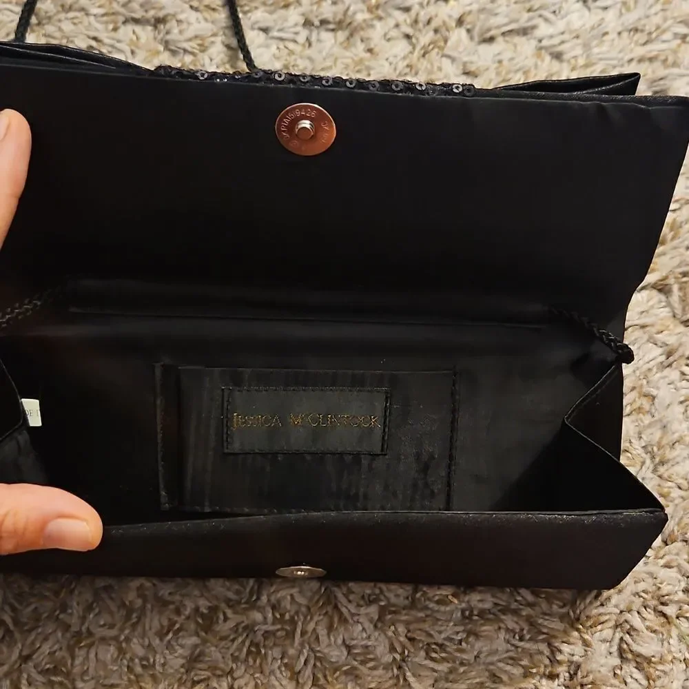Jessica McClintock Black Satin Sequin Clutch Evening Bag